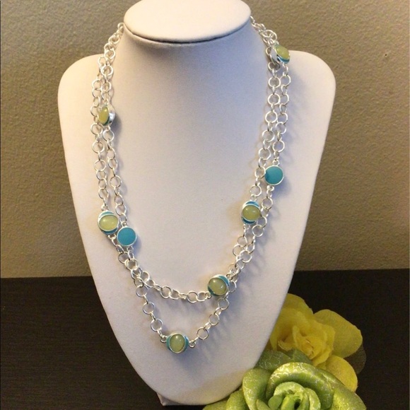 NWOT. Silver Tone Chain, Blue & Yellow Long Necklace. - Picture 2 of 6